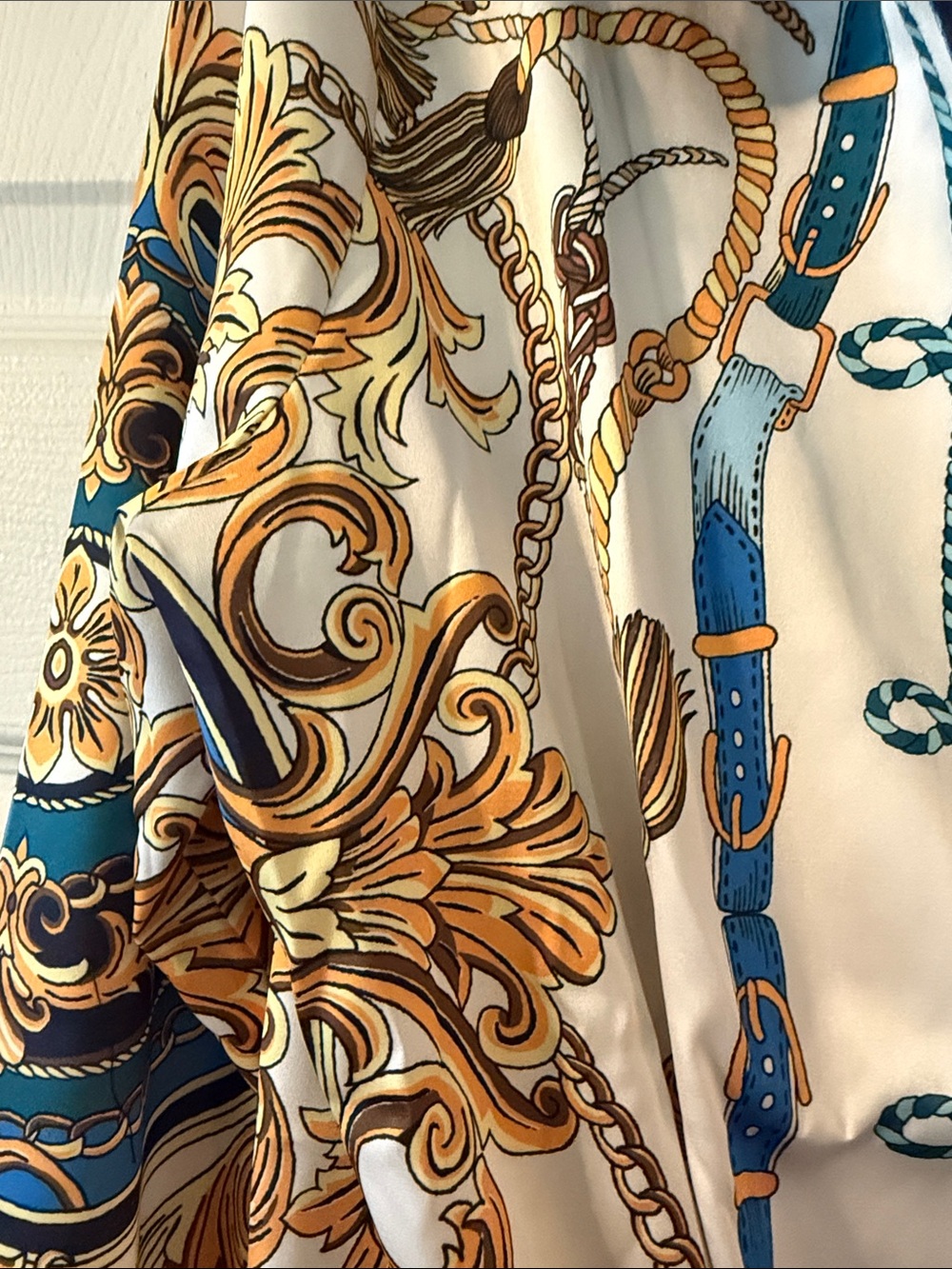 NWOT Boston Proper Baroque Print Tie-Front Blouse - Navy, Gold & White - Picture 4 of 5